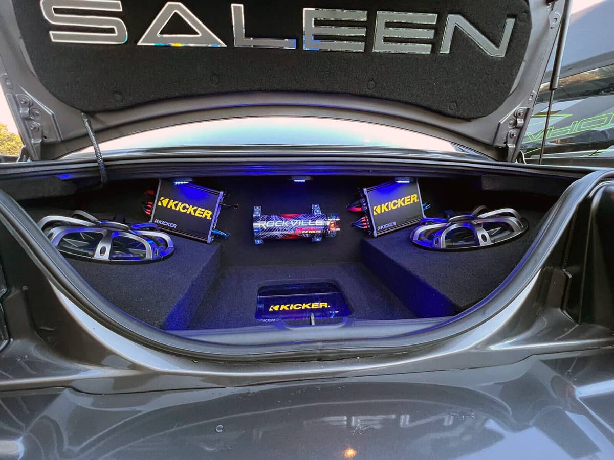 Custo audio setup in the trunk of a Saleen S281 Mustang