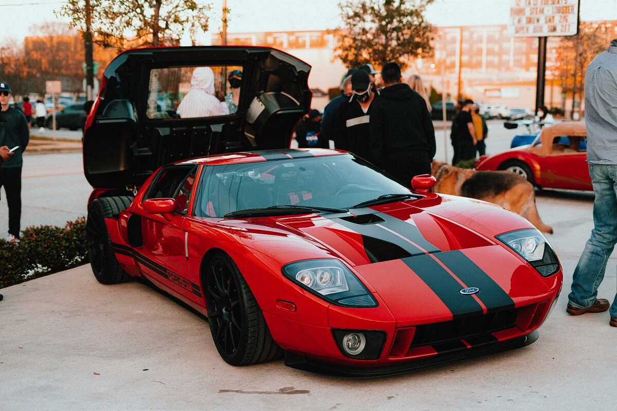 Ford GT supercar red with black stripes