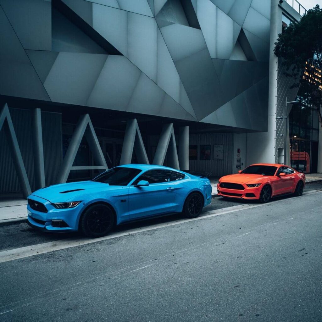 Blue and orange Ford Mustang S550